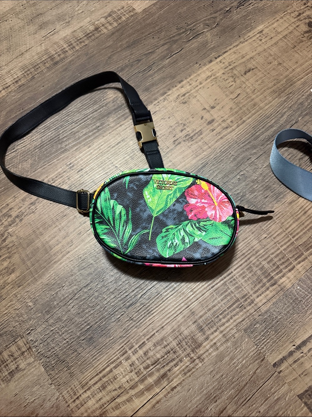 Victoria Secret Black Floral Tropical Crossbody Belt Bag